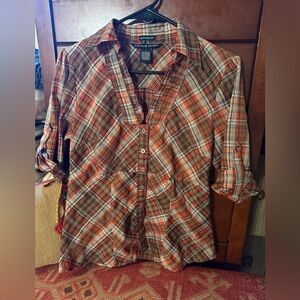 Antilia Femme Orange and Brown Plaid Button-Down Shirt